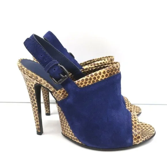 BOTTEGA VENETA SLINGBACK SANDALS NAVY SUEDE AND NATURAL SNAKESKIN SIZE 39 NEW - Picture 2 of 11